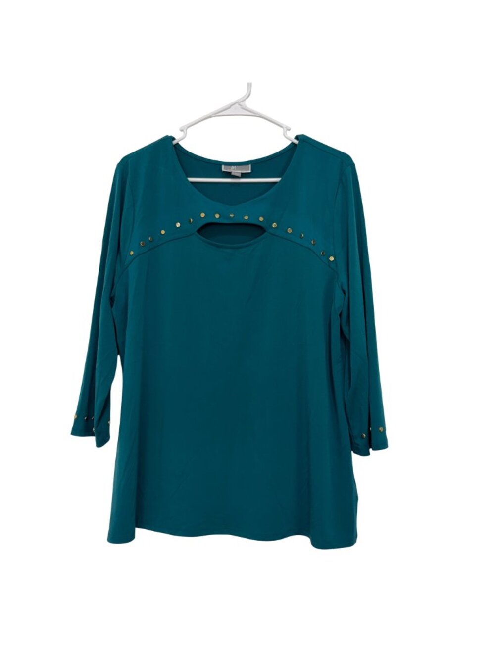 JM Collection Women SZ Large Teal Top Gold Stud Accents Keyhole Neckline Stretch